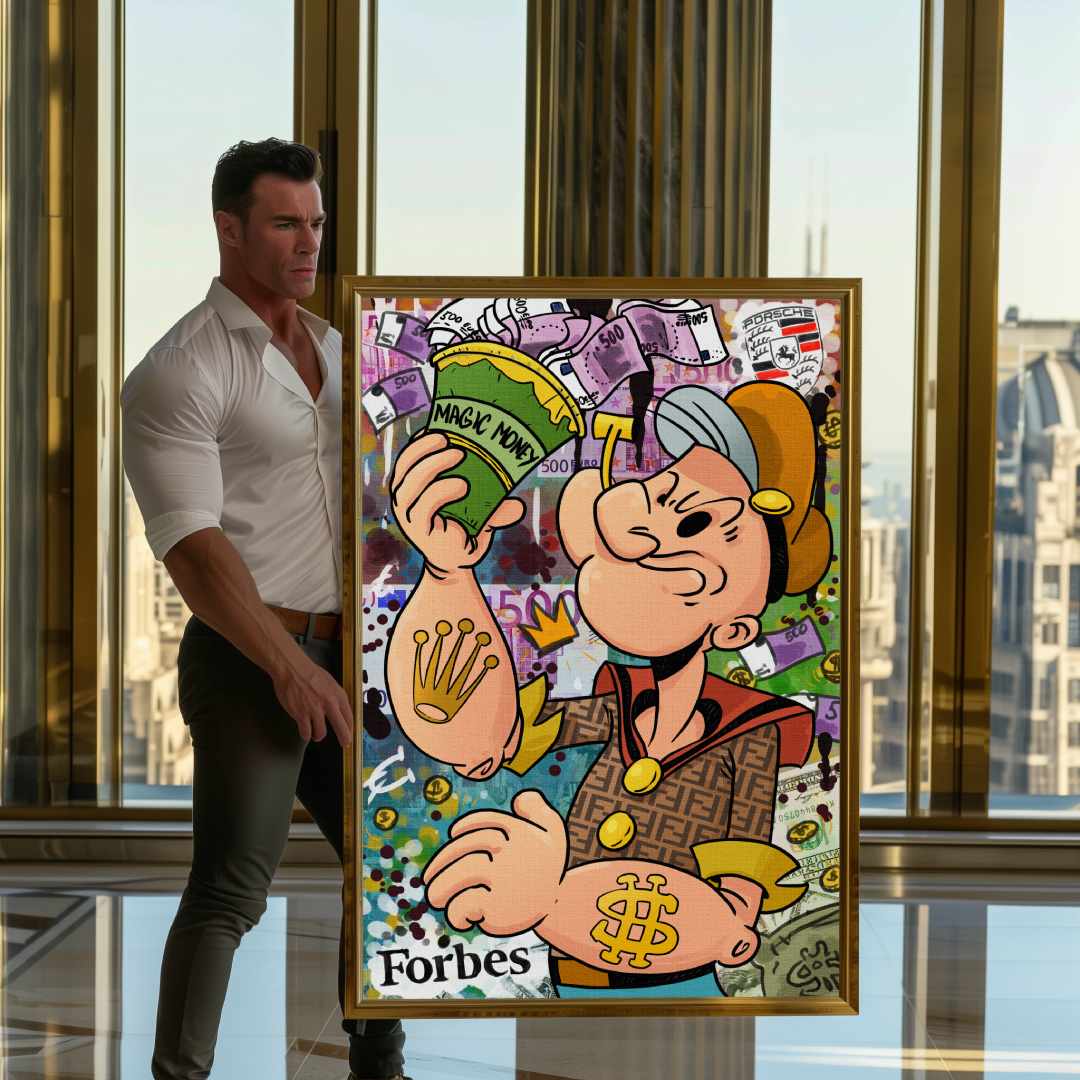 Uomo mostra stampa su tela pop art di braccio di ferro in abito Fendi, motivi lussuosi e banconote da 500€ sparse