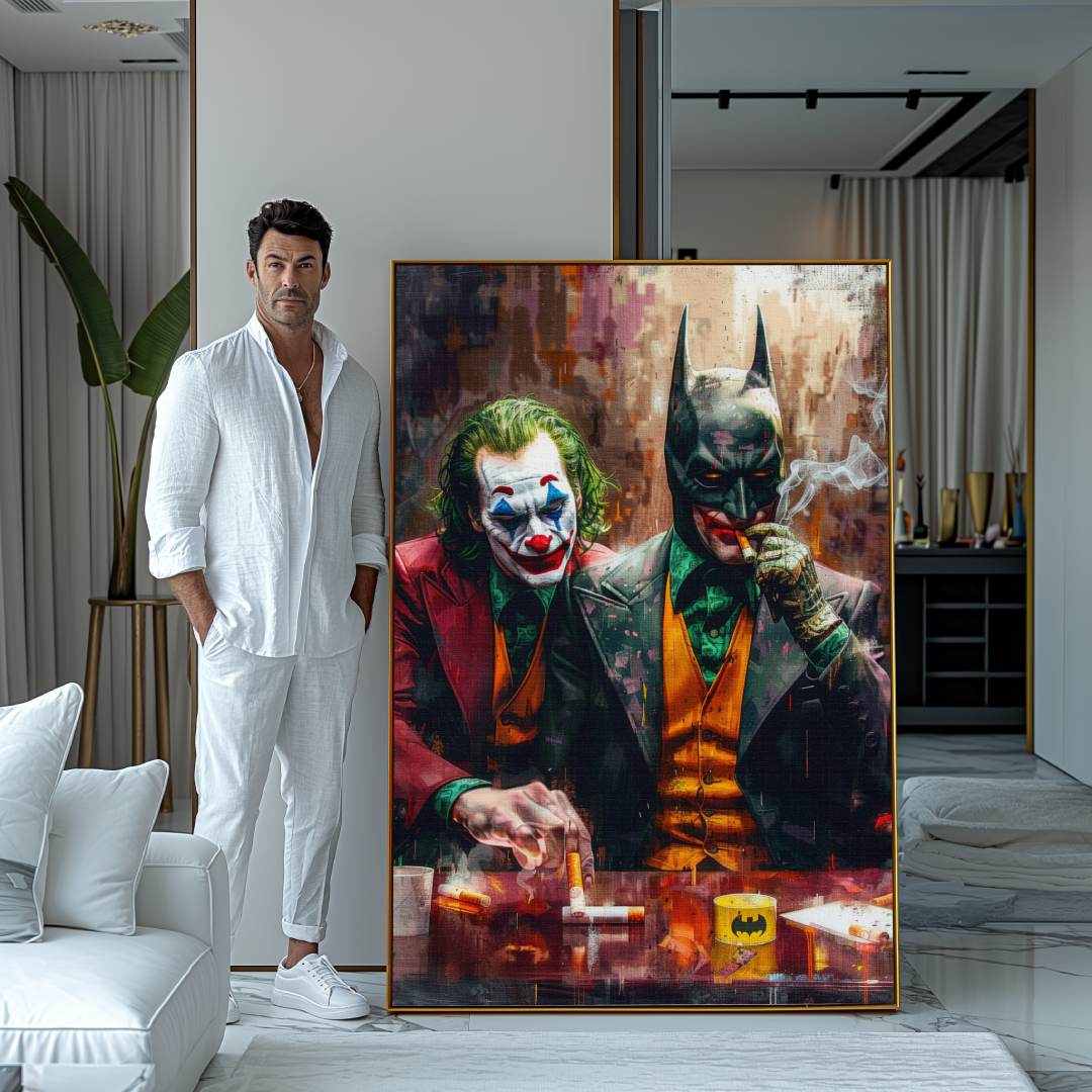 Uomo che mostra la sua stampa su tela pop art di joker e batman che fumano ad un bar