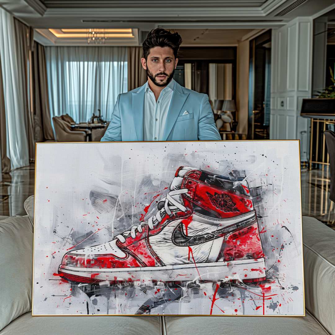 Uomo che esibisce stampa su tela contemporanea con la sneaker nike jordan 1 retro high og, stile pop art