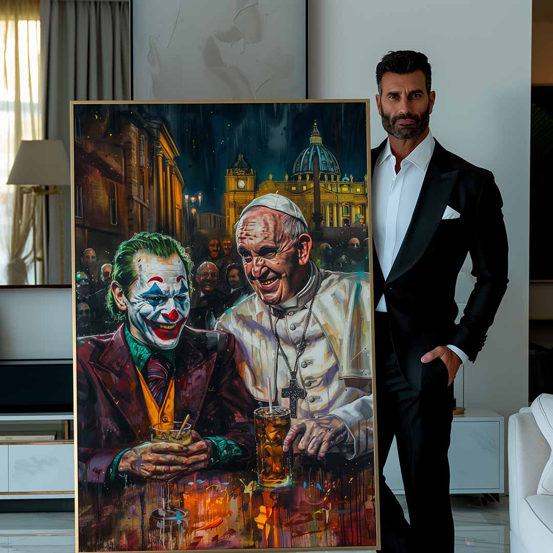 modello con stampa su tela pop art con Joker e papa francesco bevono al bar a roma in piazza san pietro