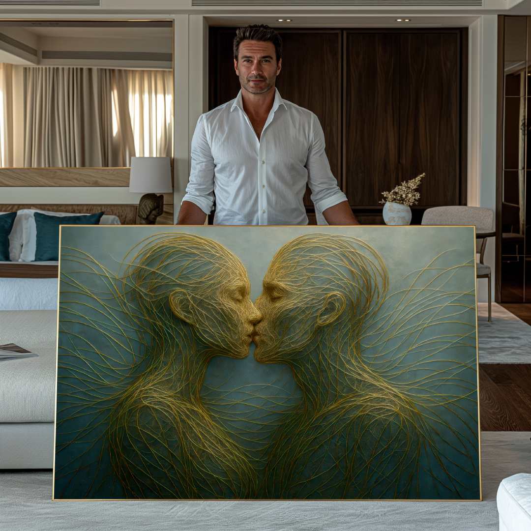 uomo mostra quadro moderno astratto bacio persone che si baciano fatte di fili d'oro sfondo verde salotto