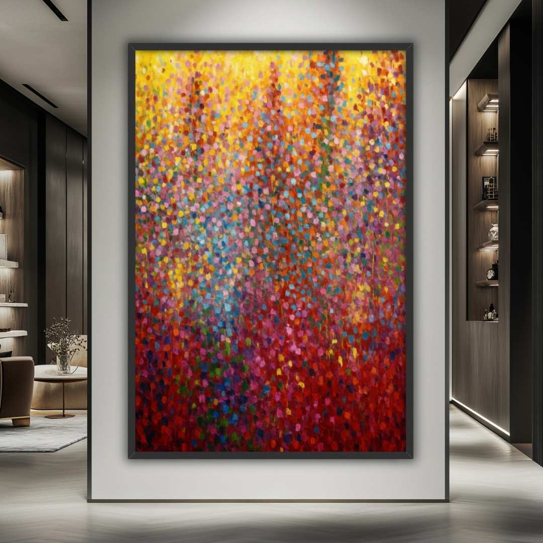 quadro moderno appeso corridoio pioggia di colori rosso giallo azzurro rosa