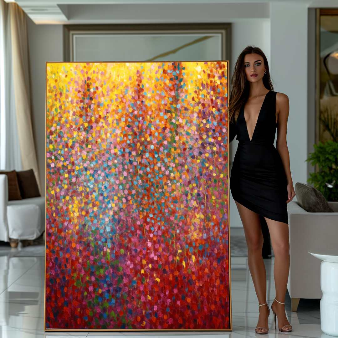 donna mostra quadro moderno appeso pioggia di colori rosso giallo azzurro rosa in salotto
