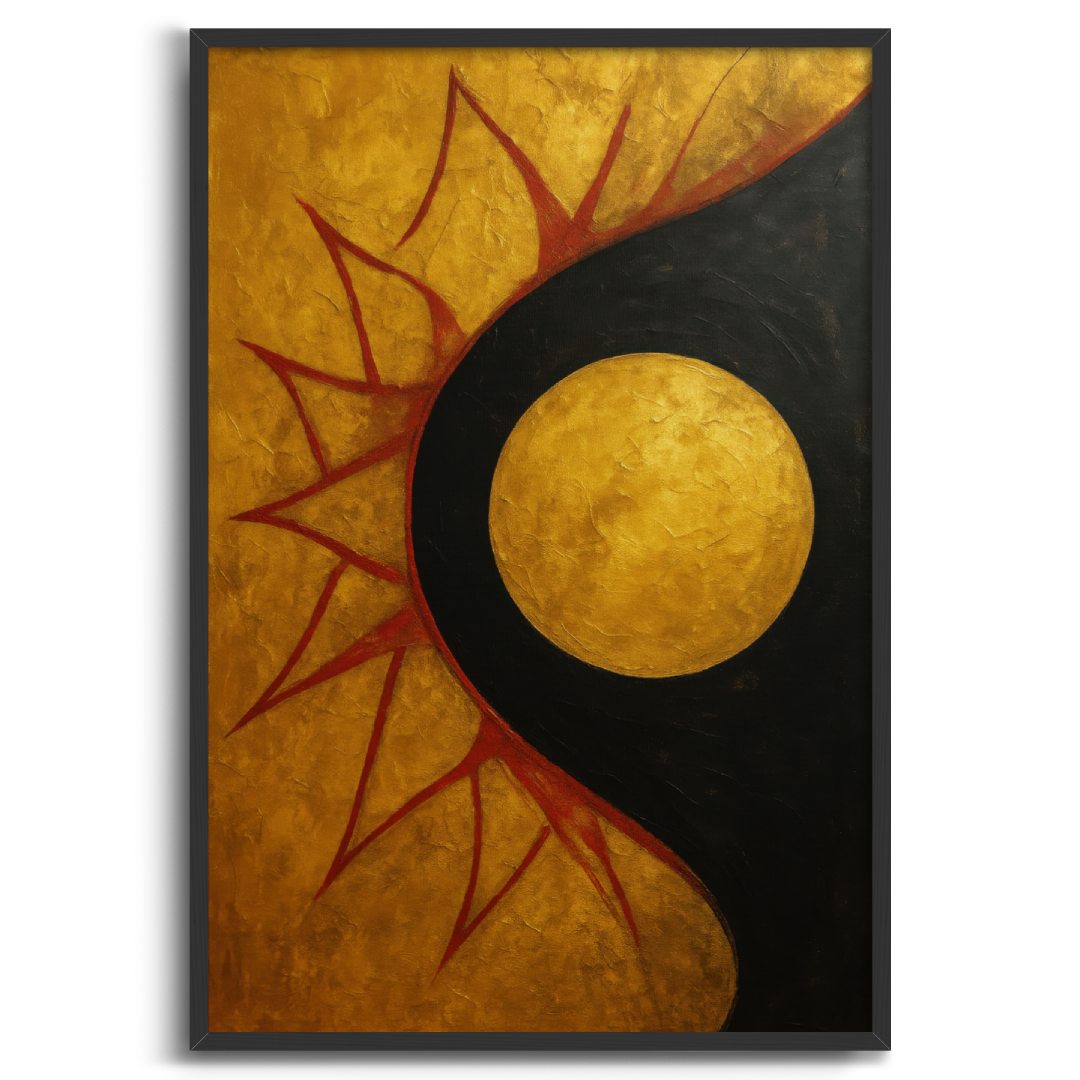 quadro moderno astratto raggi di sole che sorge con sfondo oro cornice nera