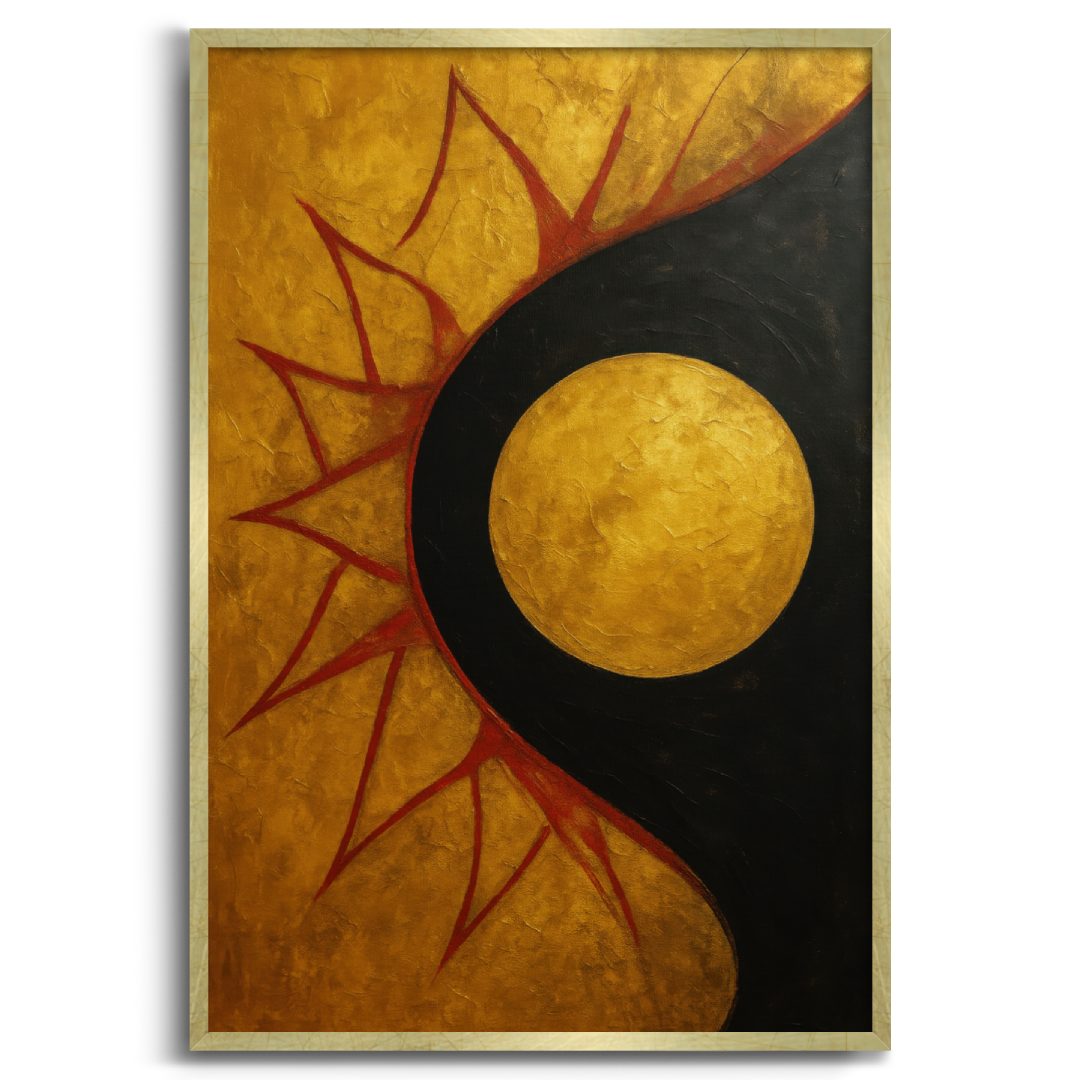 quadro moderno astratto raggi di sole che sorge con sfondo oro cornice oro