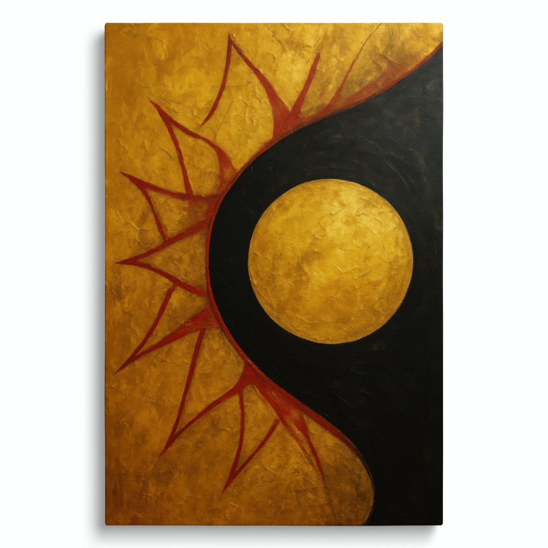 quadro moderno astratto raggi di sole che sorge con sfondo oro 
