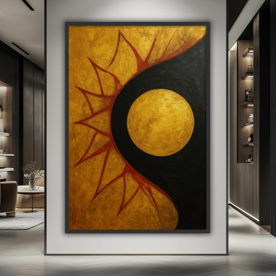 quadro moderno astratto raggi di sole che sorge con sfondo oro nero in corridoio