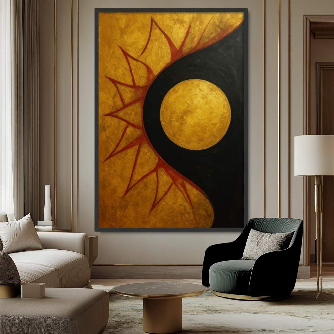 quadro moderno astratto raggi di sole che sorge con sfondo oro nero in soggiorno