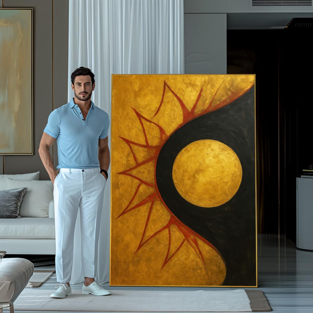 uomo mostra quadro moderno astratto raggi di sole che sorge con sfondo oro in sala 