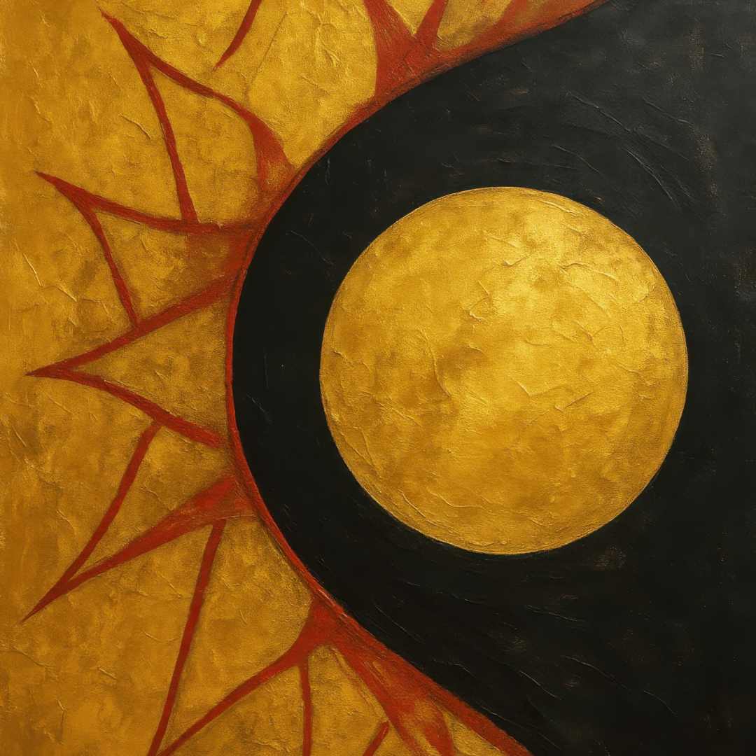 quadro moderno astratto raggi di sole che sorge con sfondo oro ravvicinato