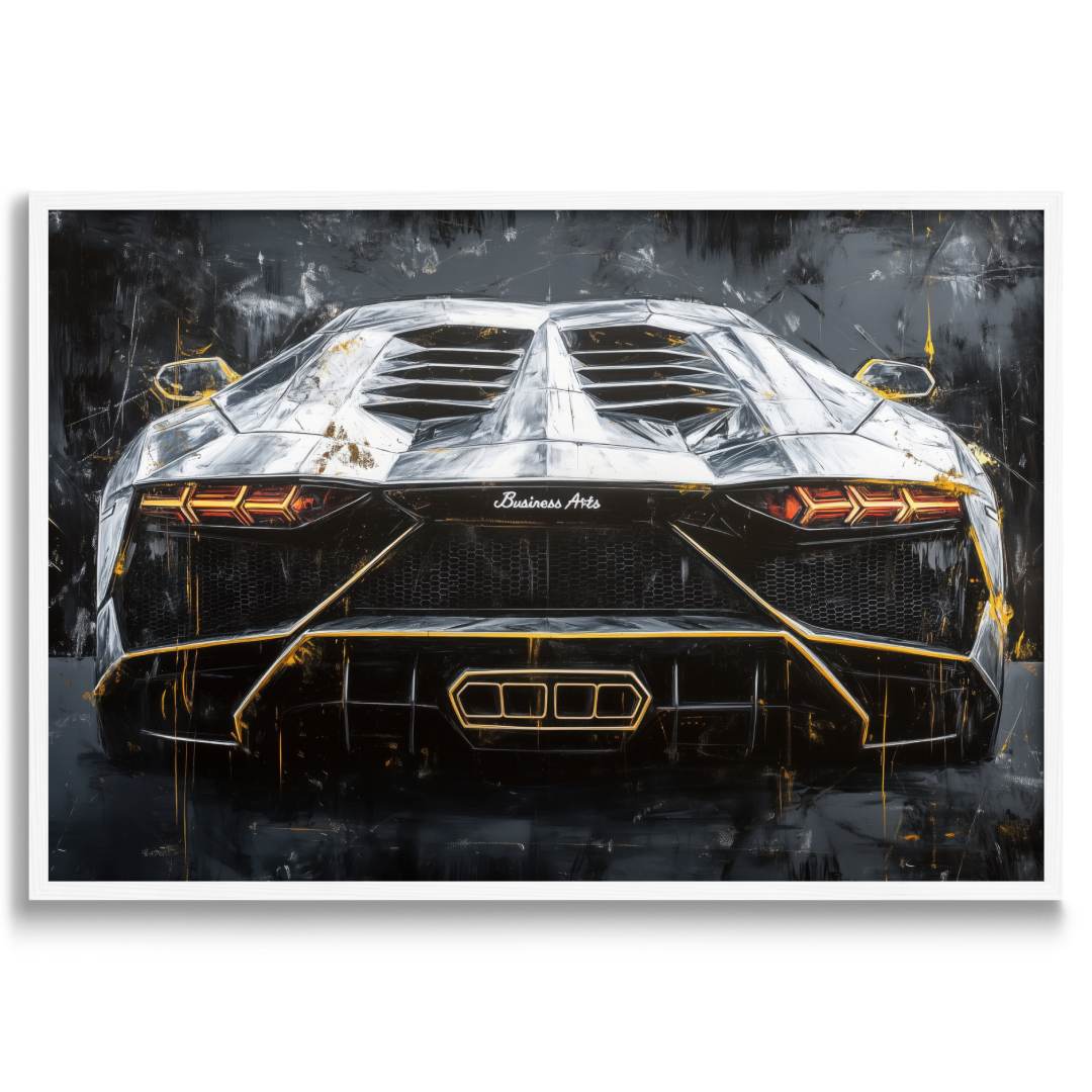 quadro moderno lamborghini aventador oro nero argento cornice bianca sfondo bianco