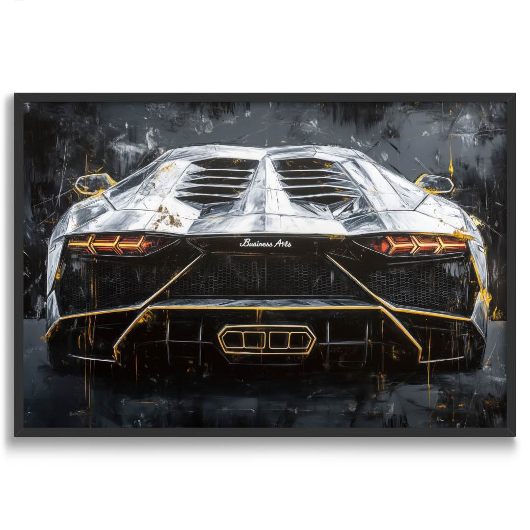 quadro moderno lamborghini aventador oro nero argento cornice nera sfondo bianco