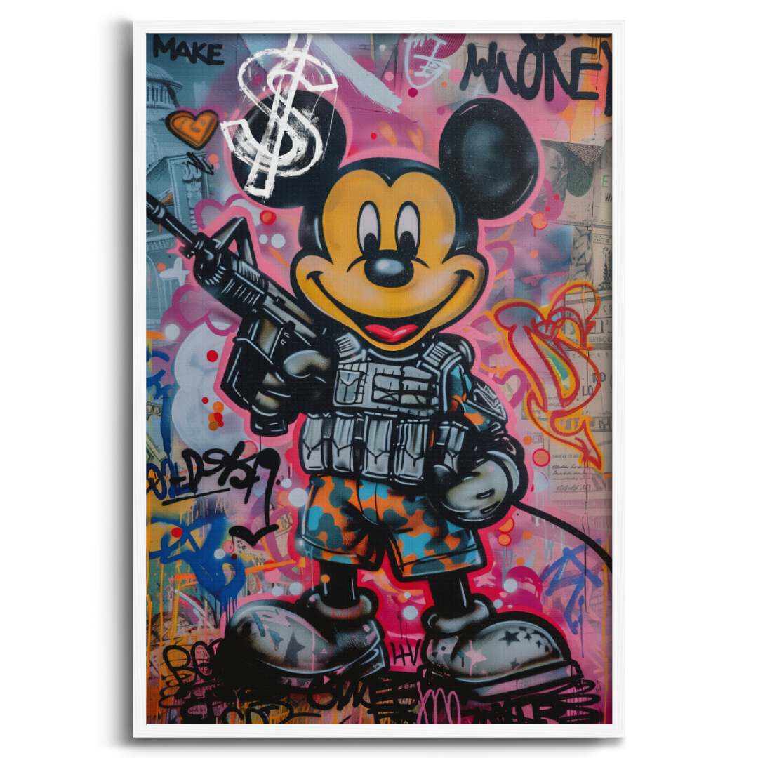 quadro moderno con topolino in stile street art con scritta 'make money', cornice bianca, su sfondo bianco