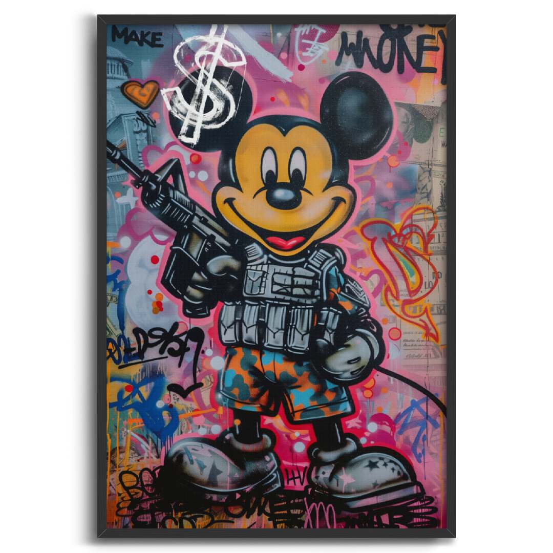 quadro moderno con topolino in stile street art con scritta 'make money', cornice nera, su sfondo bianco