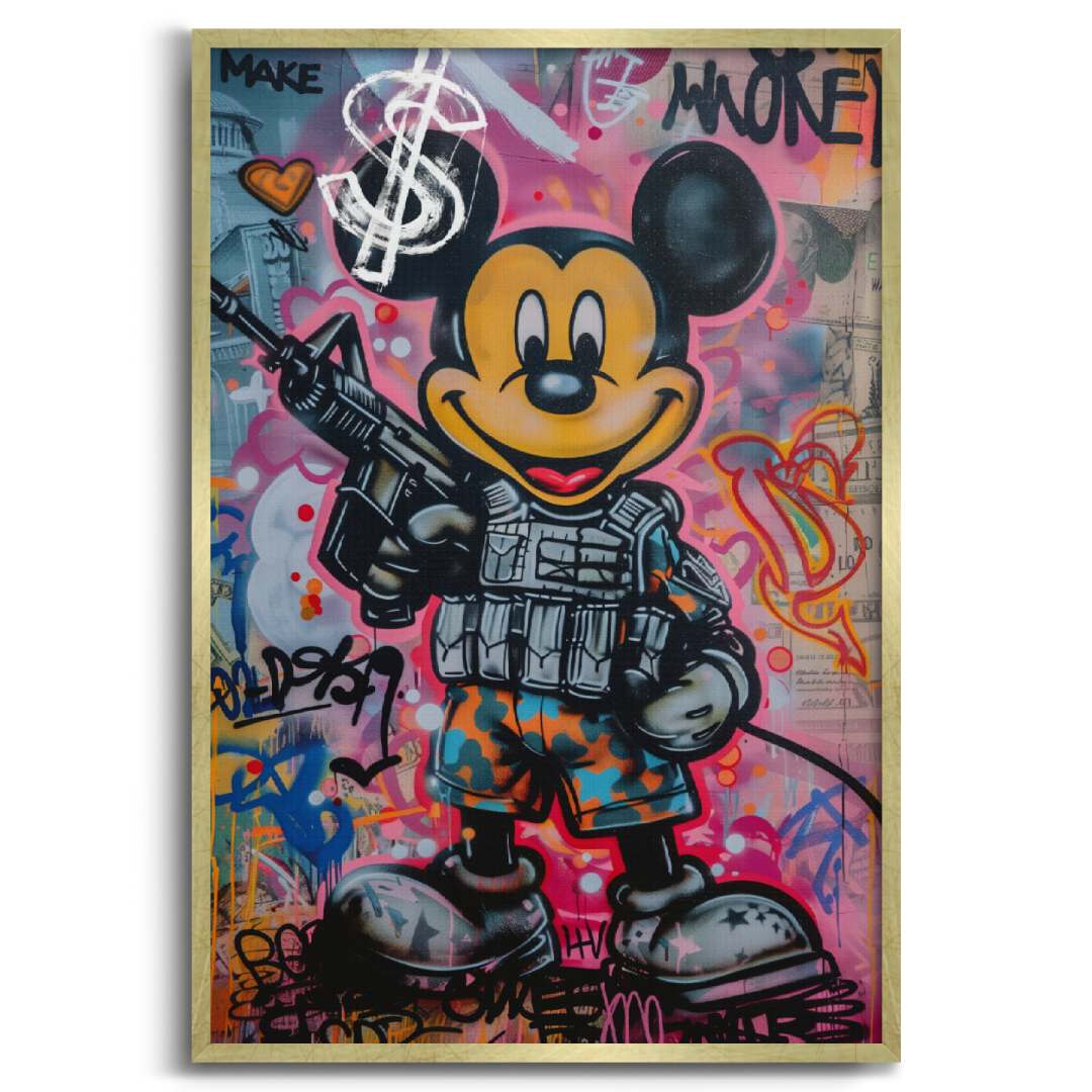 quadro moderno con topolino in stile street art con scritta 'make money', cornice oro, su sfondo bianco