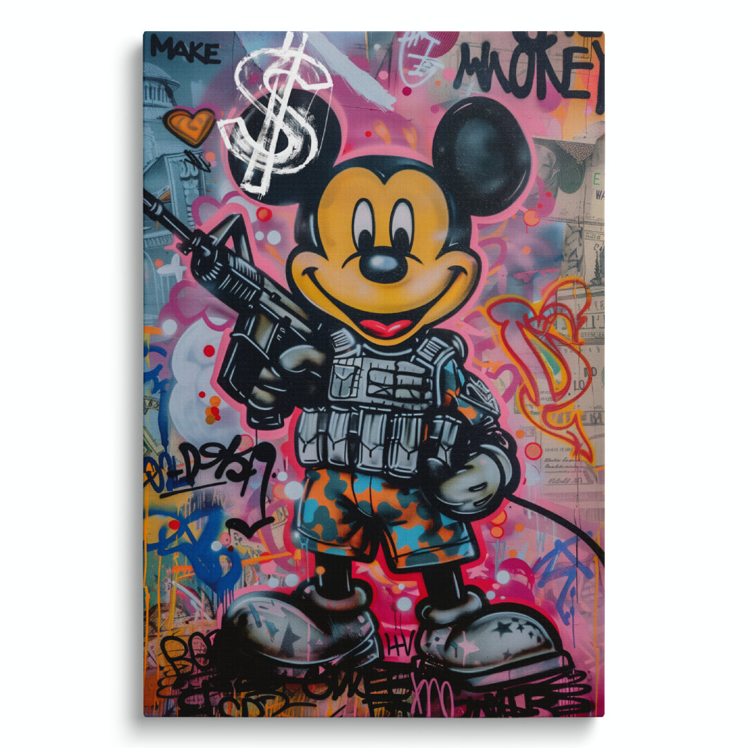 quadro moderno con topolino in stile street art con scritta 'make money', su sfondo bianco