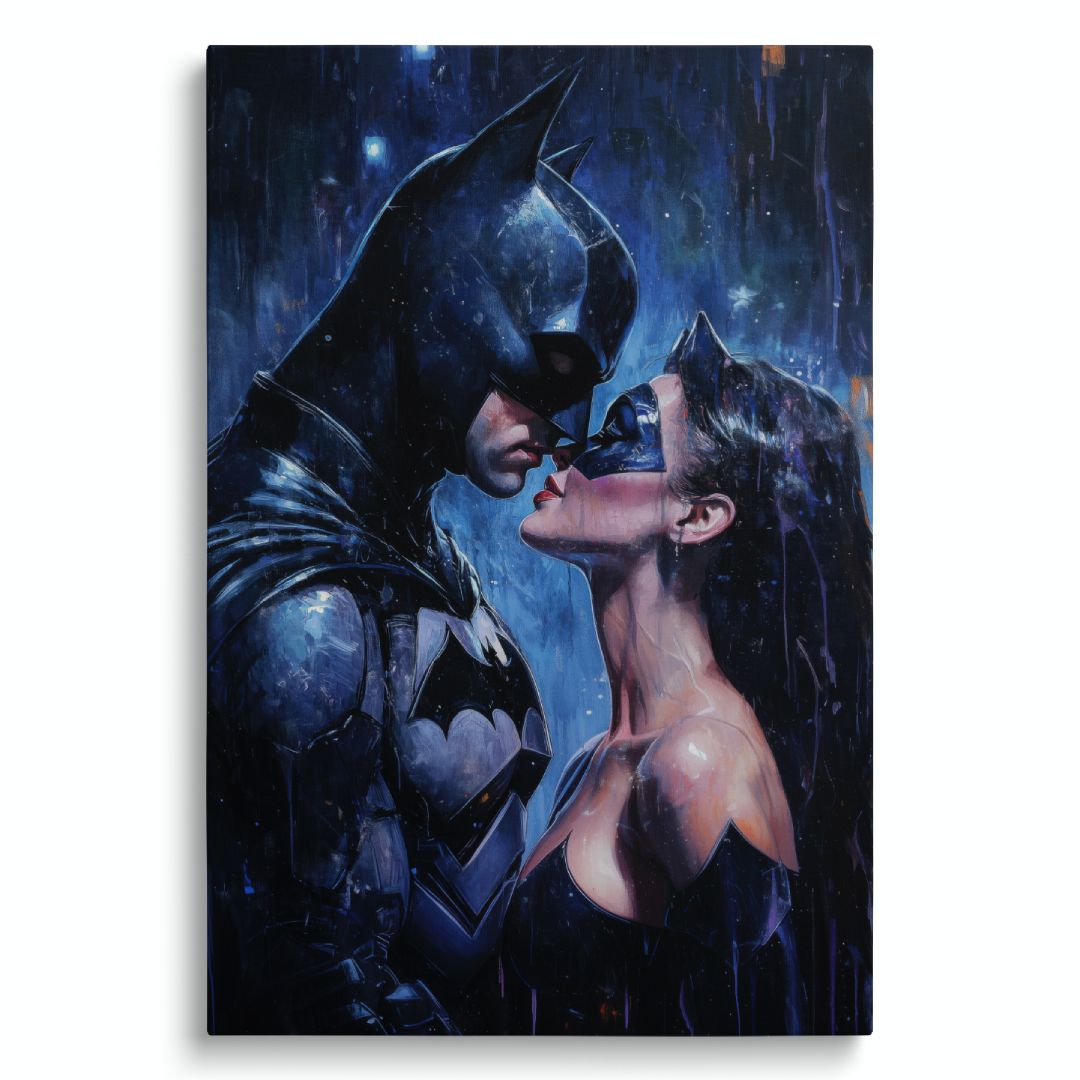 quadro moderno bacio nell'oscurità pop art graffiti batman catwoman  passionale amore 