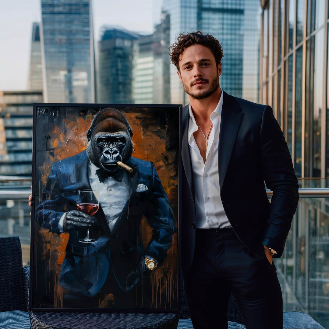 Uomo grattacielo mostra elegante Stampa su tela moderna di un gorilla businessman, che fuma un sigaro con sguardo serio