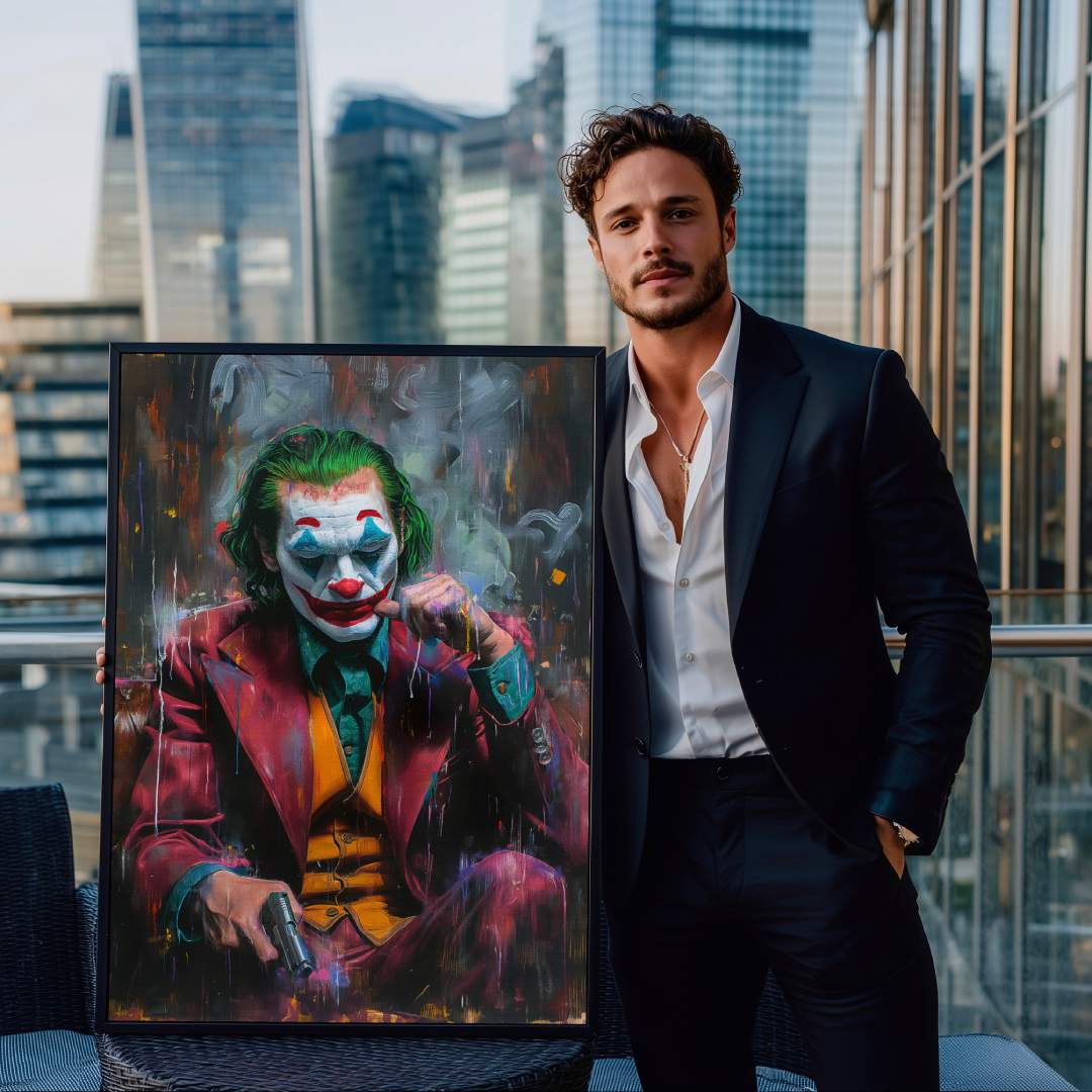 ragazzo grattacielo mostra stampa su tela contemporanea pop art di joker pensieroso con in mano una pistola