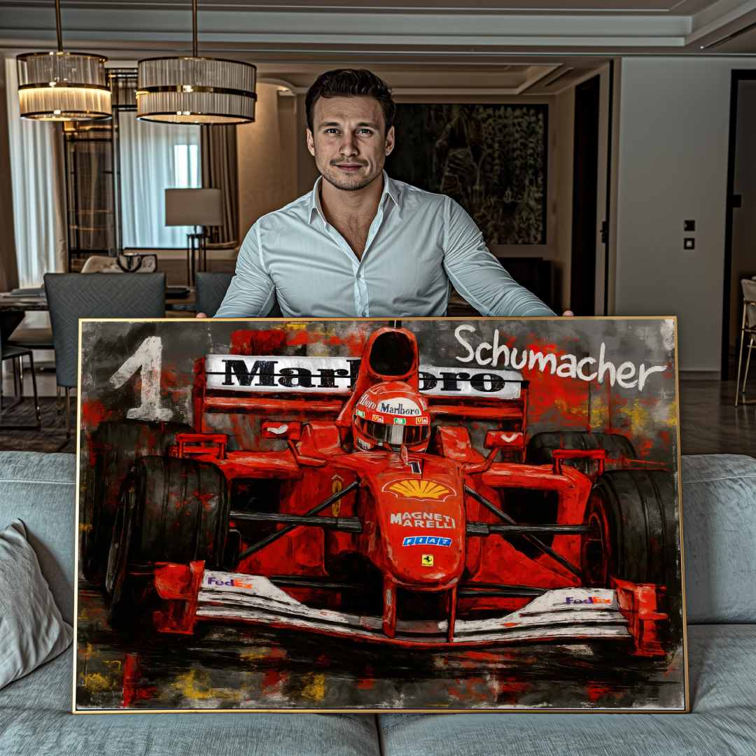 ragazzo mostra un quadro moderno di Michael Schumacher nella sua monoposto Ferrari rossa sponsorizzata Marlboro