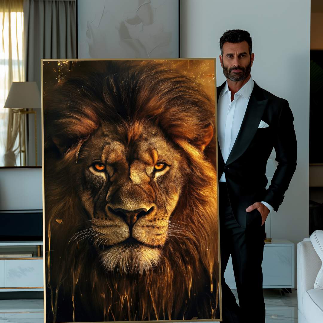 ragazzo mostra quadro moderno  leone primo piano lussuoso elegante