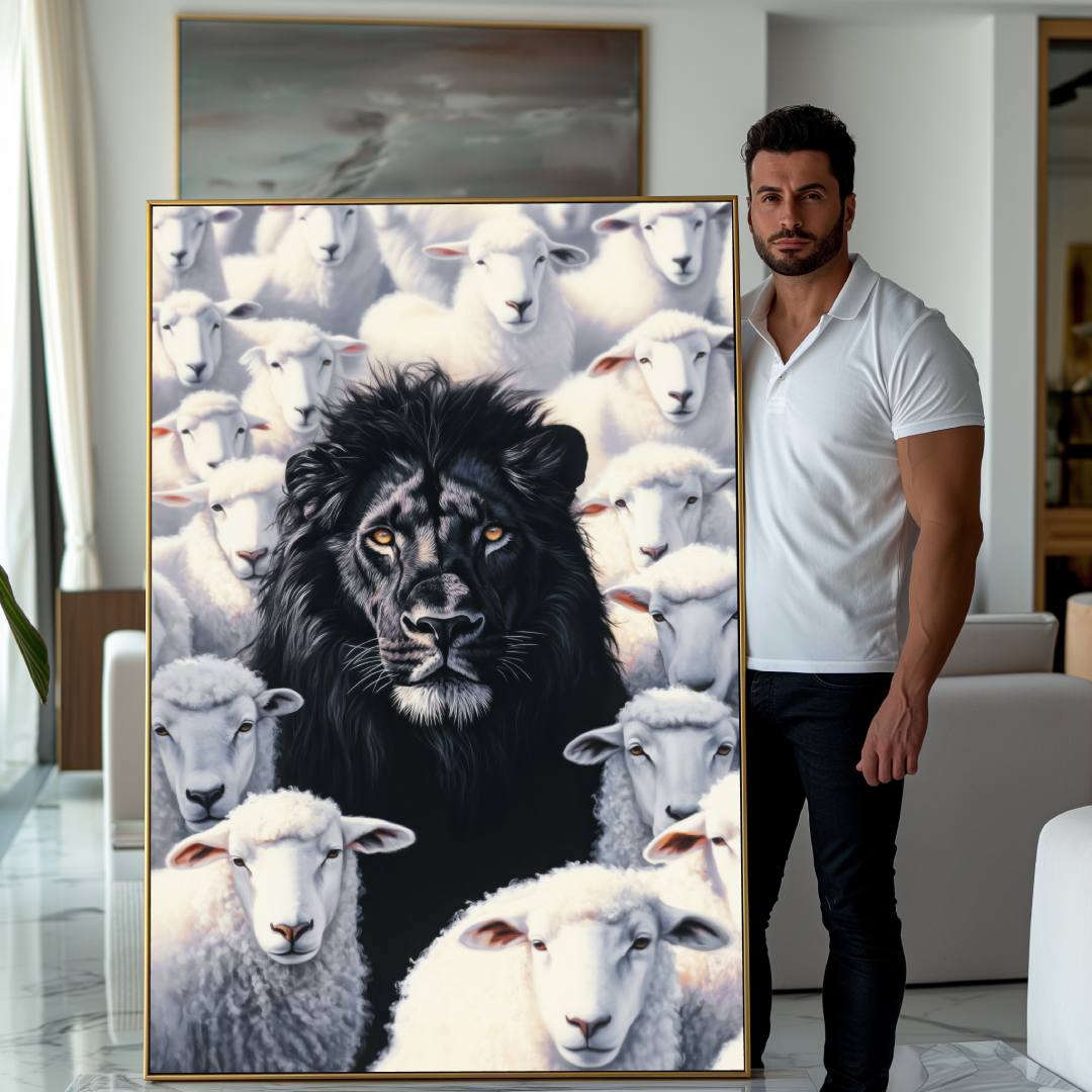ragazzo mostra quadro moderno leone nero tra le pecore pecora nera