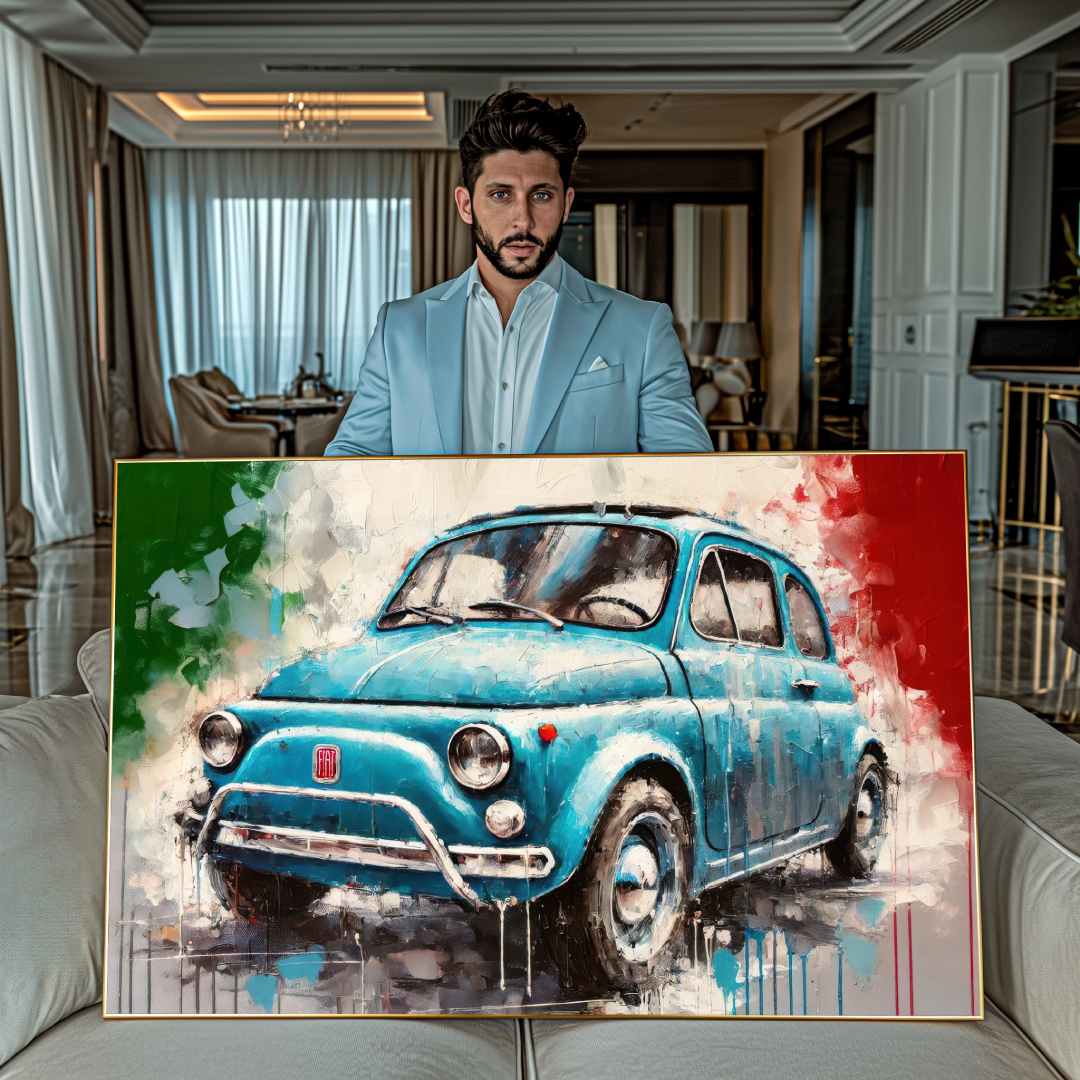 ragazzo mostra quadro moderno fiat  500 vintage blu bandiera italiana sullo sfondo