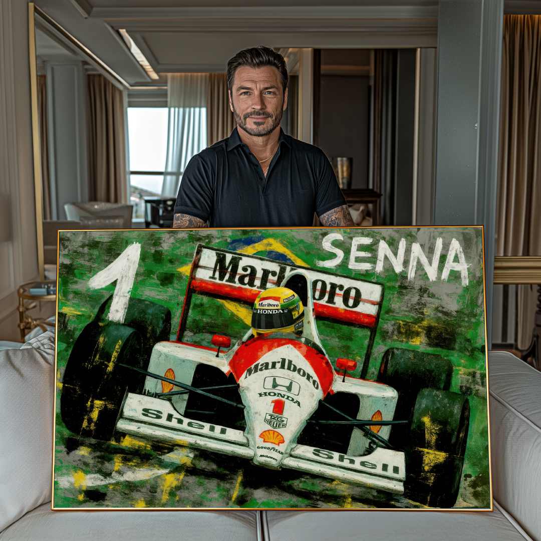 ragazzo mostra quadro moderno senna maclaren formula 1 salotto bandiera brasile