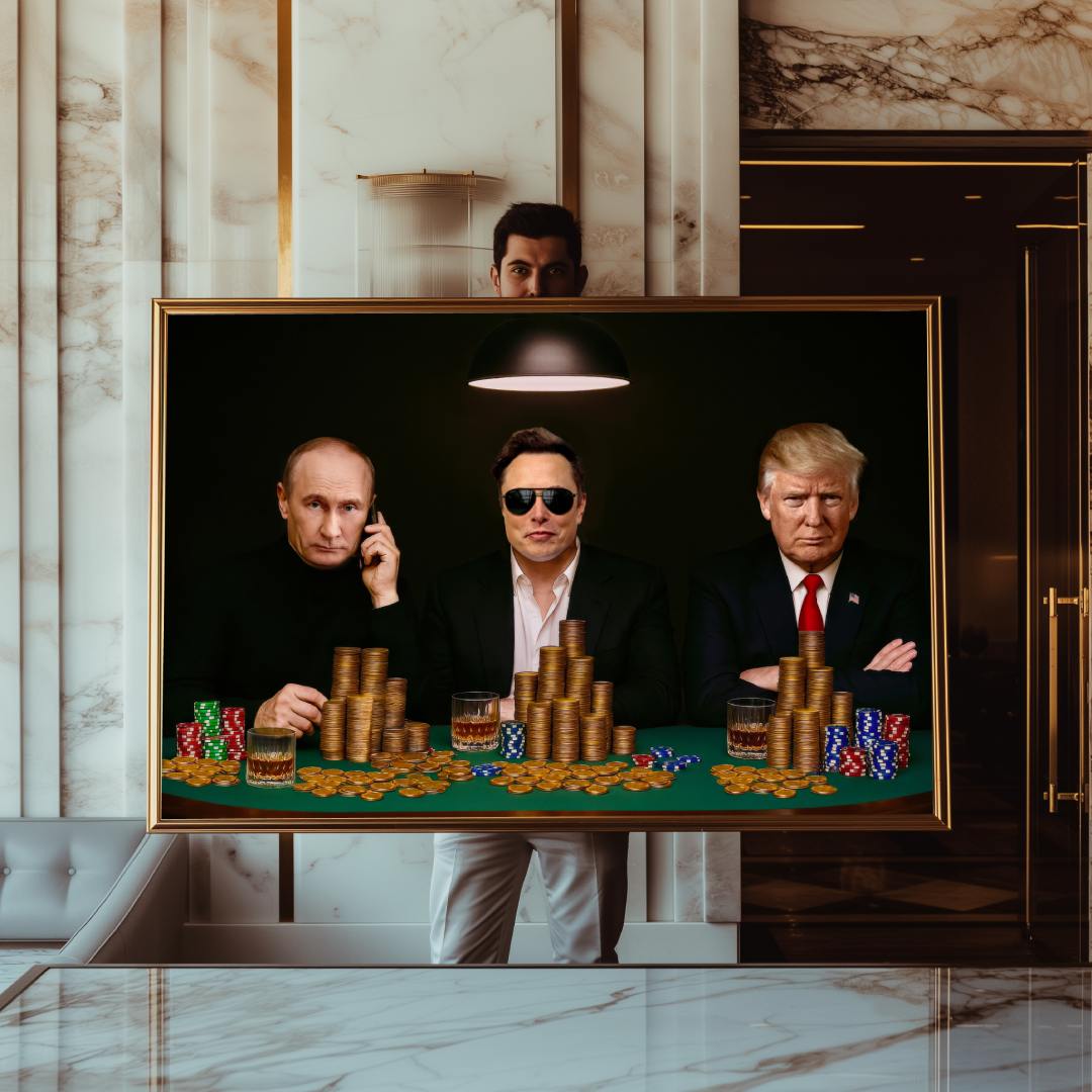 ragazzo mostra quadro moderno donald trump elon musk e vladimir putin che giocano a poker fiches e soldi