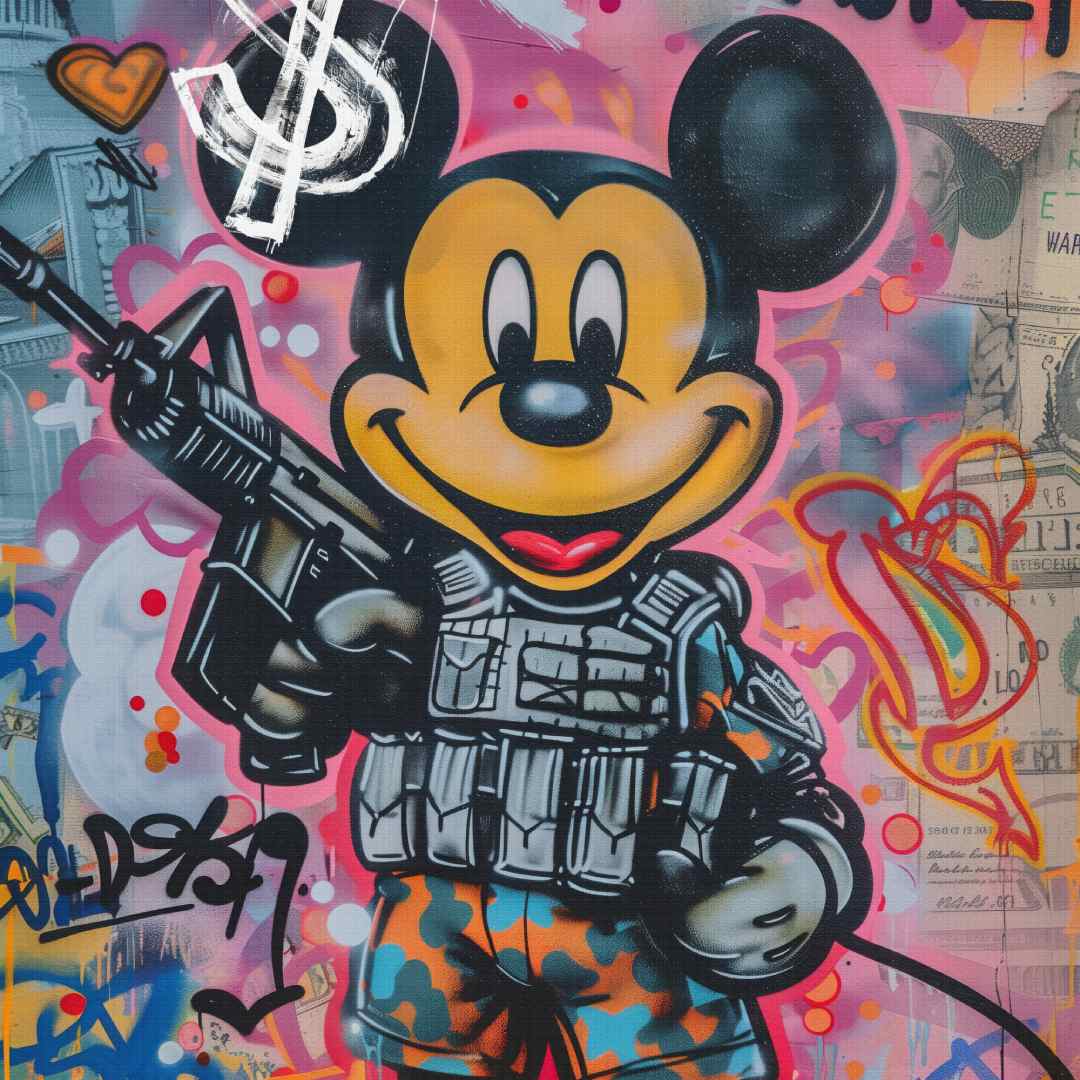 dettaglio di quadro moderno con topolino in stile street art con scritta 'make money'