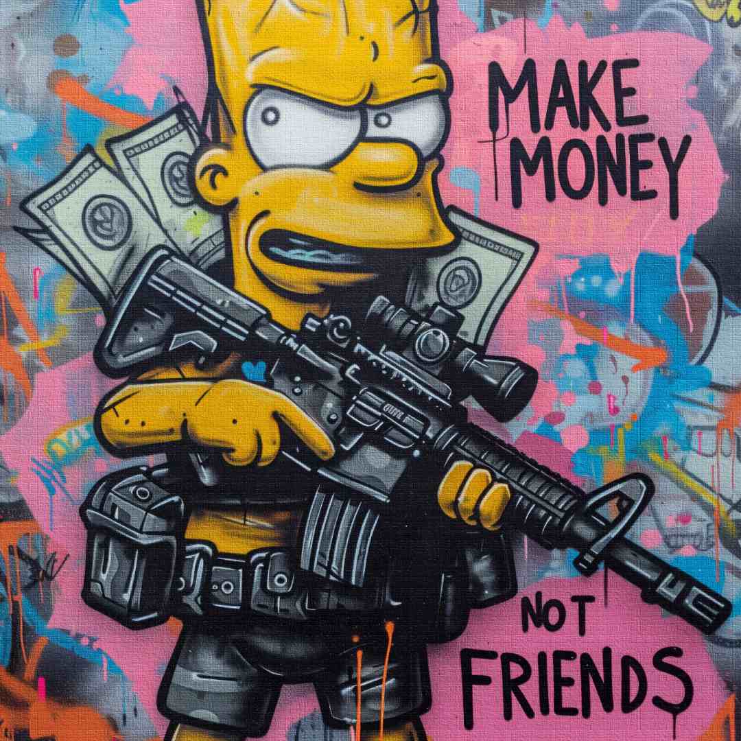 dettaglio di quadro moderno con bart simpson in stile street art con scritta 'make money not friends'