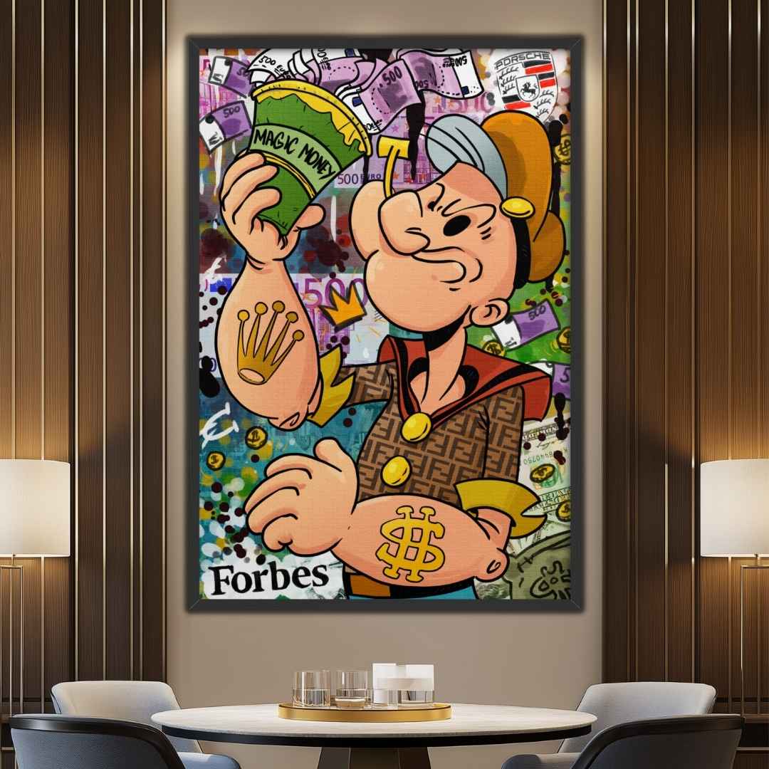 ristorante appesa stampa su tela pop art di braccio di ferro in abito Fendi, motivi lussuosi e banconote da 500€ sparse