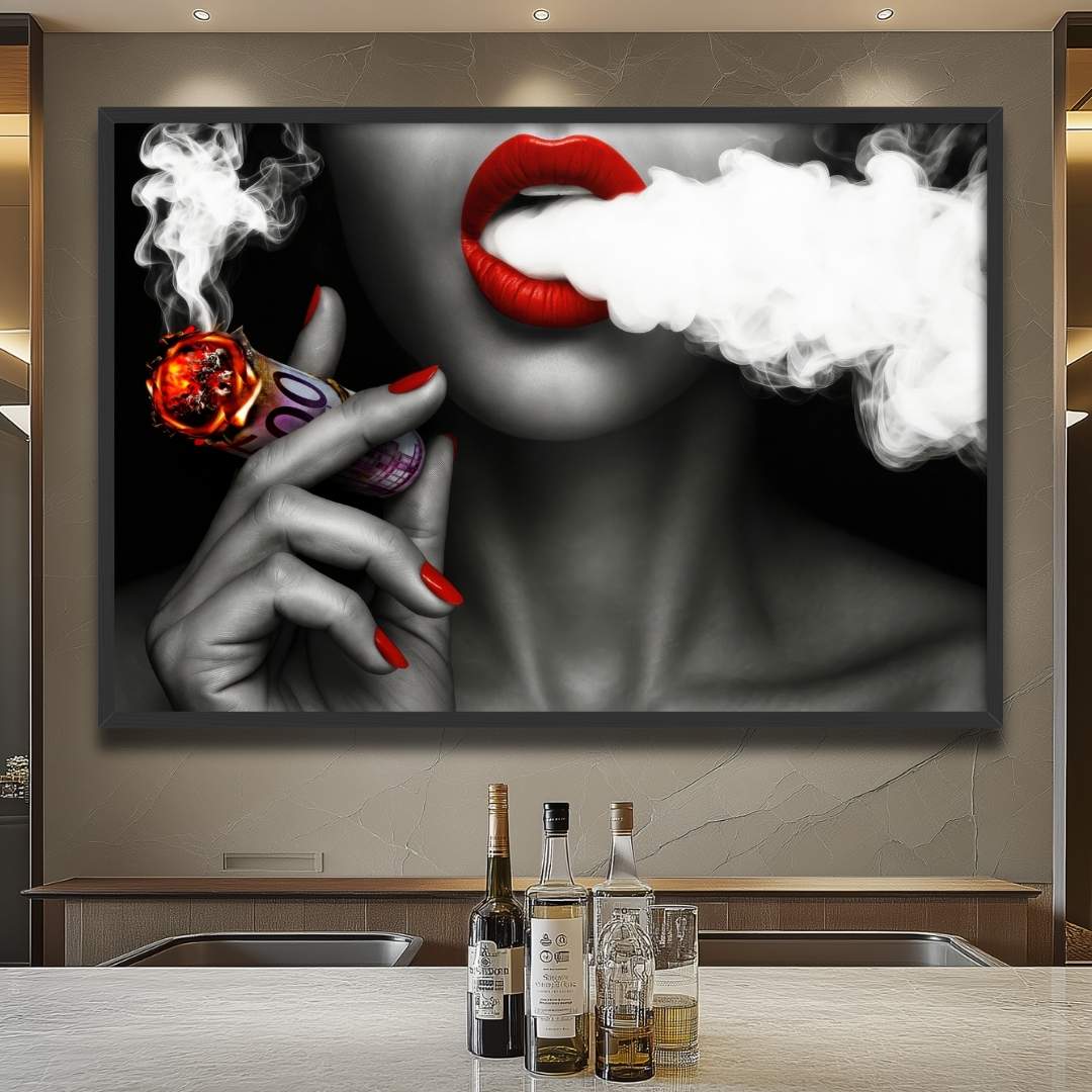 quadro moderno appeso ristorante donna attraente labbra rosse fuma sigaro 500 euro