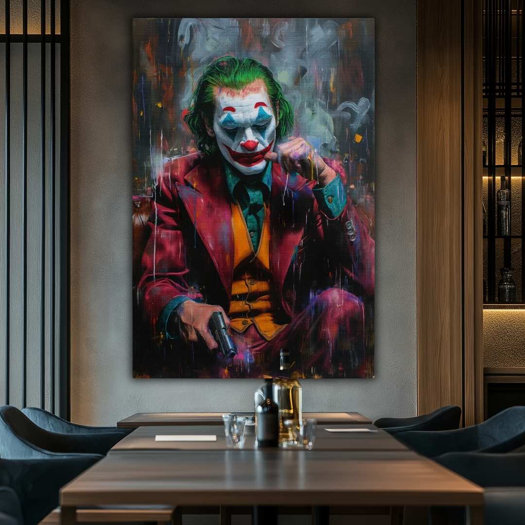 ristorante con stampa su tela contemporanea pop art di joker pensieroso con in mano una pistola