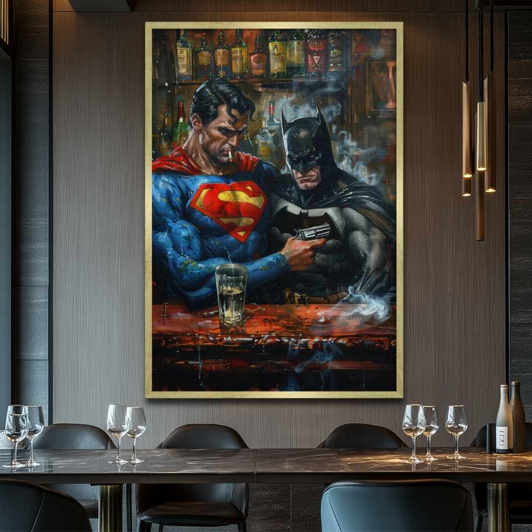 stampa su tela pop art con superman e batman ad un bar che fumano con delle pistole in mano, appesa ristorante ufficio