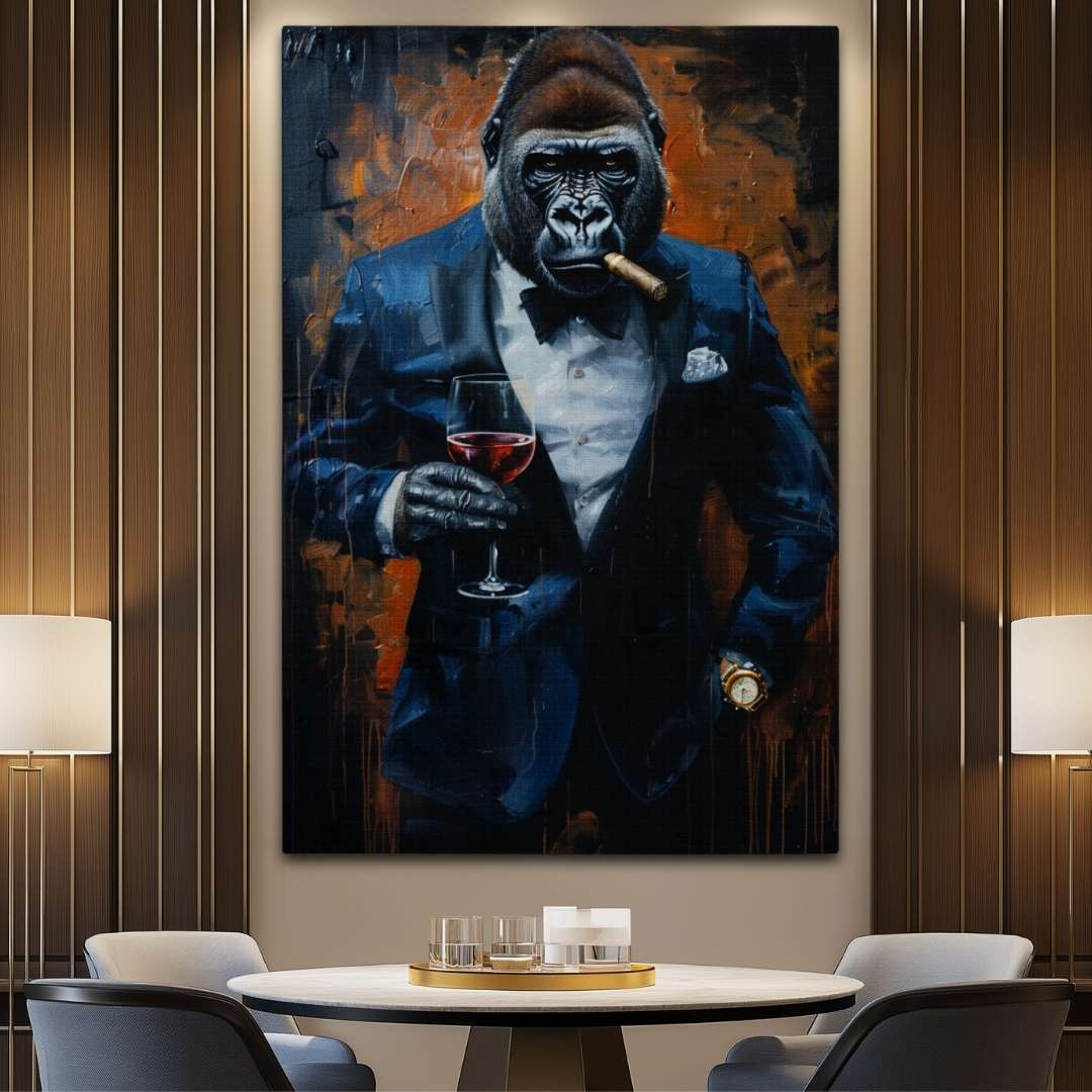 Stampa su tela moderna di un gorilla businessman, che fuma un sigaro con sguardo serio, appeso in ristorante di ufficio