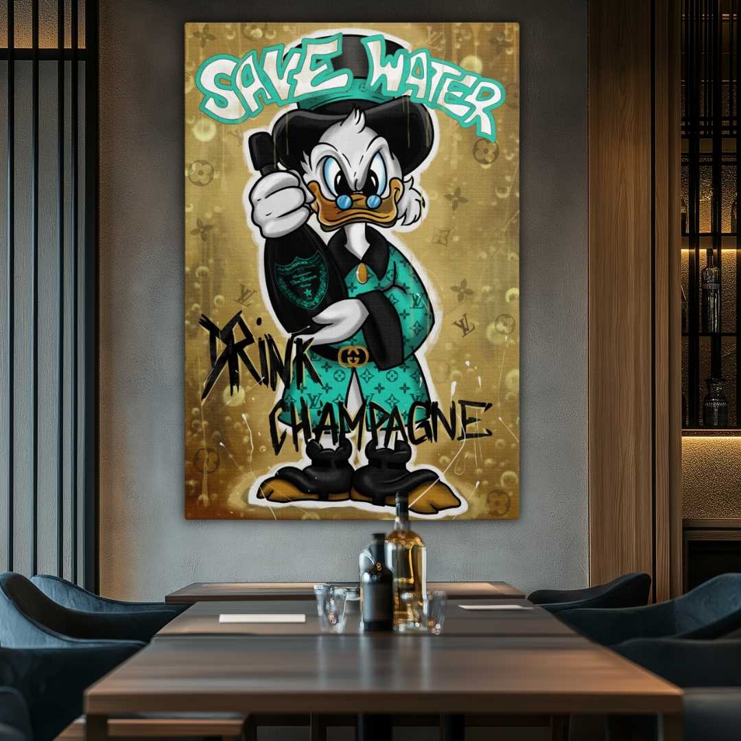 Stampa su tela pop art di Zio Paperone con una bottiglia di Dom Pérignon e la scritta 'Save Water Drink Champagne', appesa in ristorante lussuoso