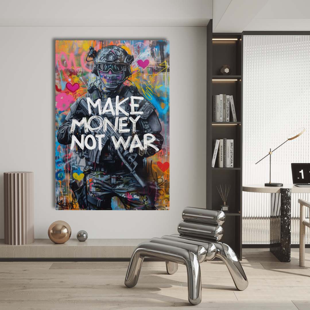 stampa su tela pop art con soldato e la scritta 'make money not war', appesa in soggiorno moderno