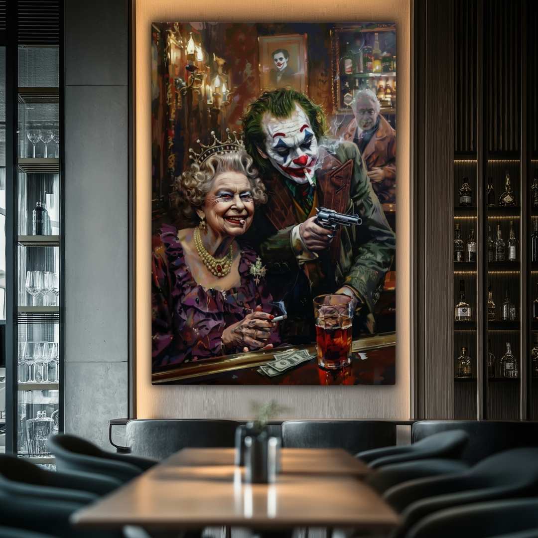 stampa su tela pop art con Joker e la Regina Elisabetta che fumano al bar con pistole e banconote sul tavolo, appesa sala hotel