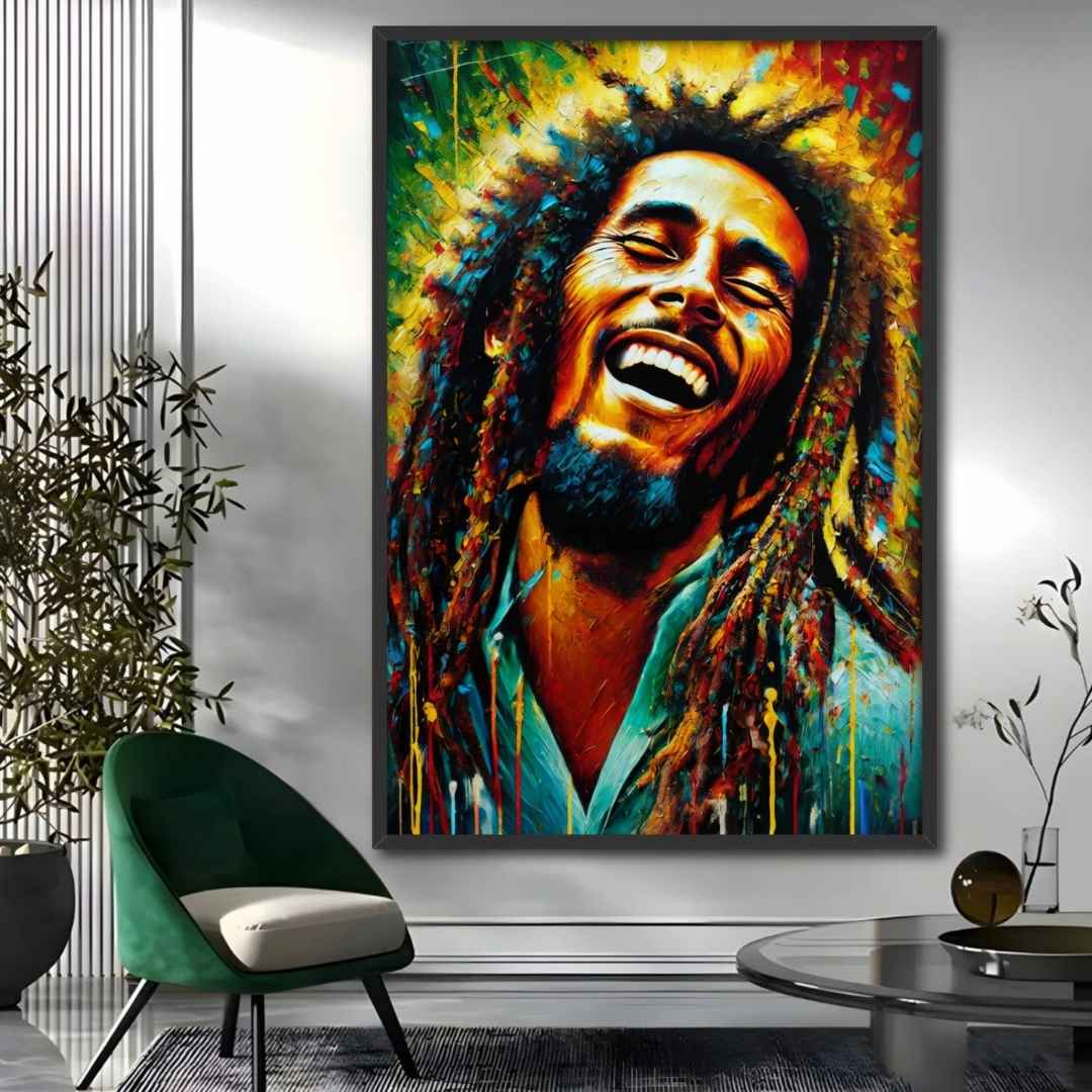 stampa su tela moderna bob marley colorato gioioso, appesa in salotto