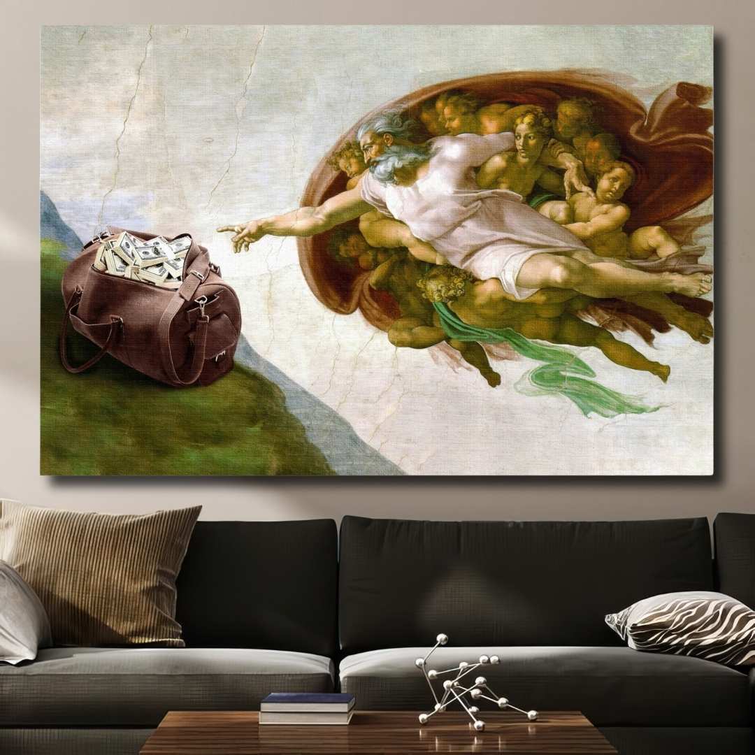 salotto appesa stampa su tela contemporanea della creazione di adamo con una borsa di soldi, quadro provocatorio