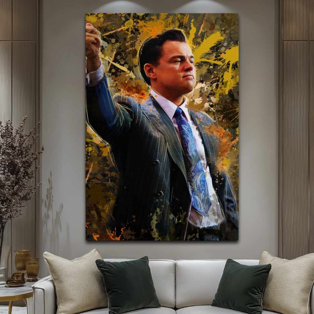 salotto appesa stampa su tela pop art di un ritratto Di Caprio in Jordan Belfort di The Wolf of Wall Street