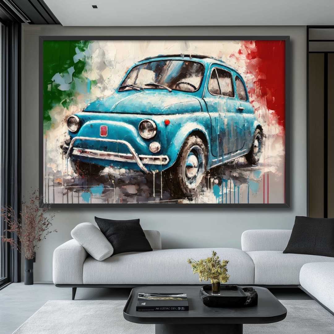 salotto appeso quadro moderno fiat 500 vintage blu bandiera italiana sullo sfondo