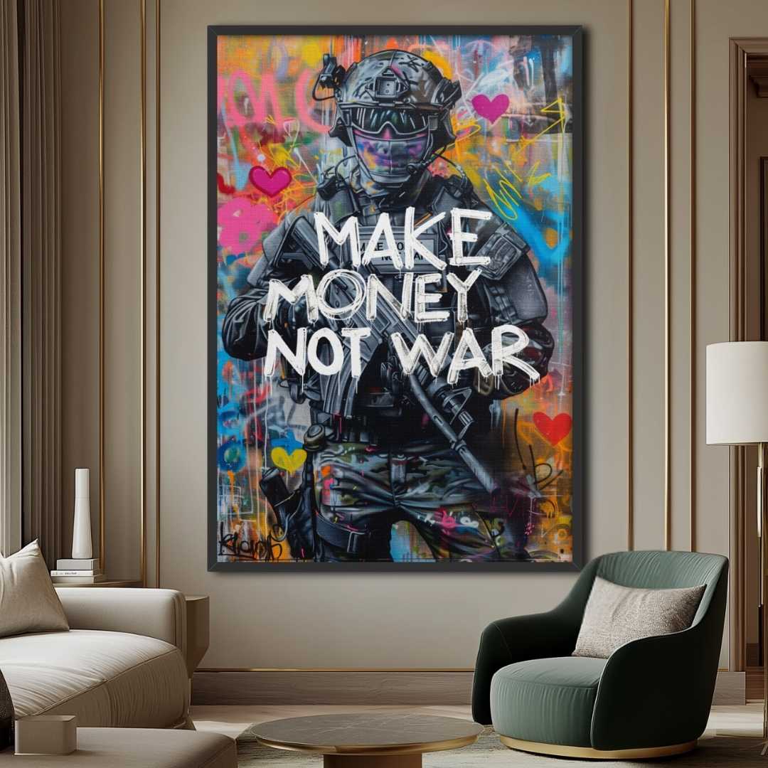 salotto appesa stampa su tela pop art con soldato e la scritta 'make money not war', motivi di amore e affari