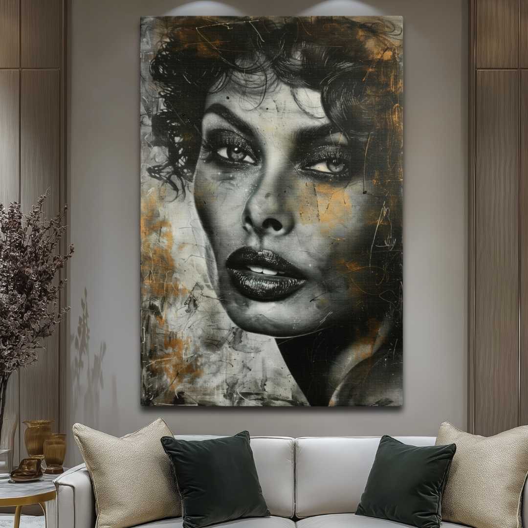 stampa su tela moderna con ritratto di sophia loren, motivi lussuosi, colori oro argento e nero, appesa in salotto