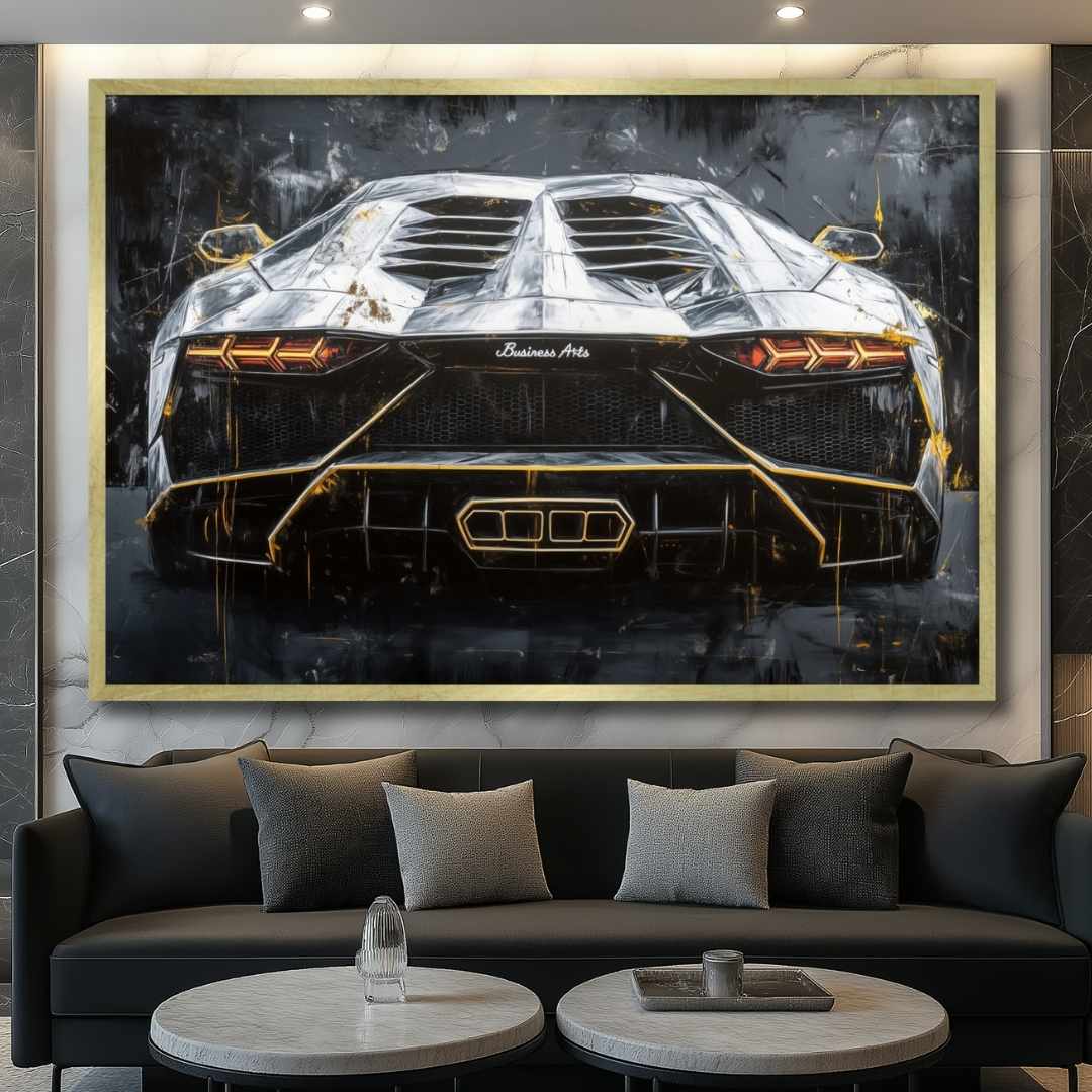 salotto appeso quadro moderno lamborghini aventador oro nera argento lusso
