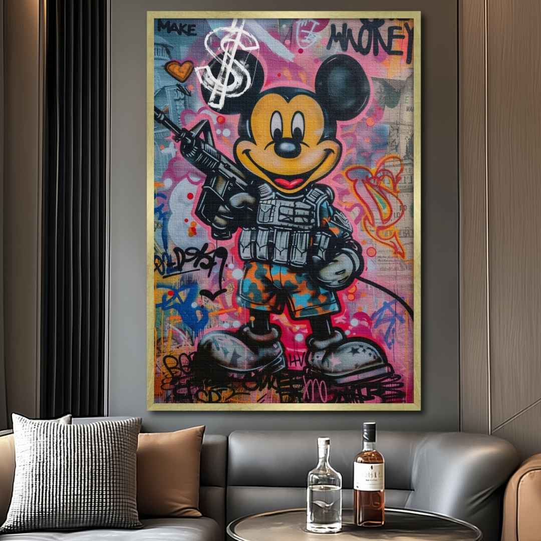 quadro moderno con topolino in stile street art con scritta 'make money', appeso in salotto