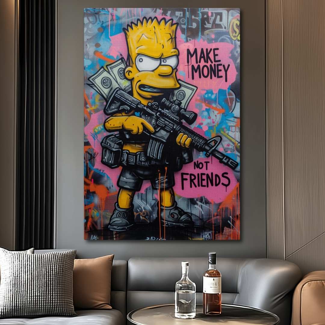 quadro moderno con bart simpson in stile street art con scritta 'make money not friends', appeso in salotto