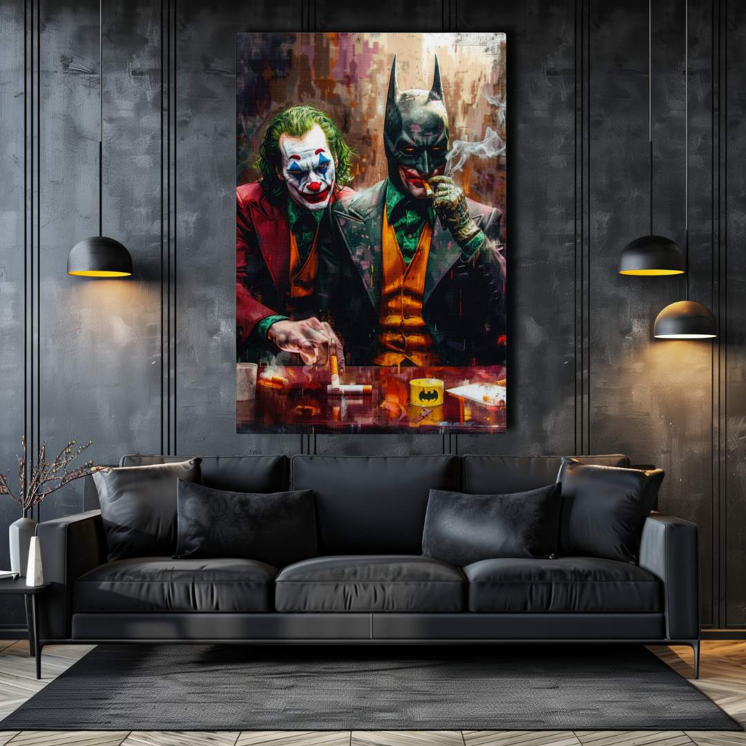 stampa su tela pop art di joker e batman che fumano ad un bar, appesa in un lussuoso salotto