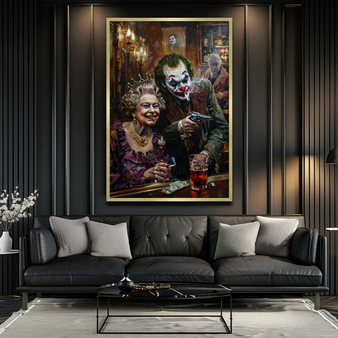 salotto con stampa su tela pop art con Joker e la Regina Elisabetta che fumano al bar con pistole e banconote sul tavolo